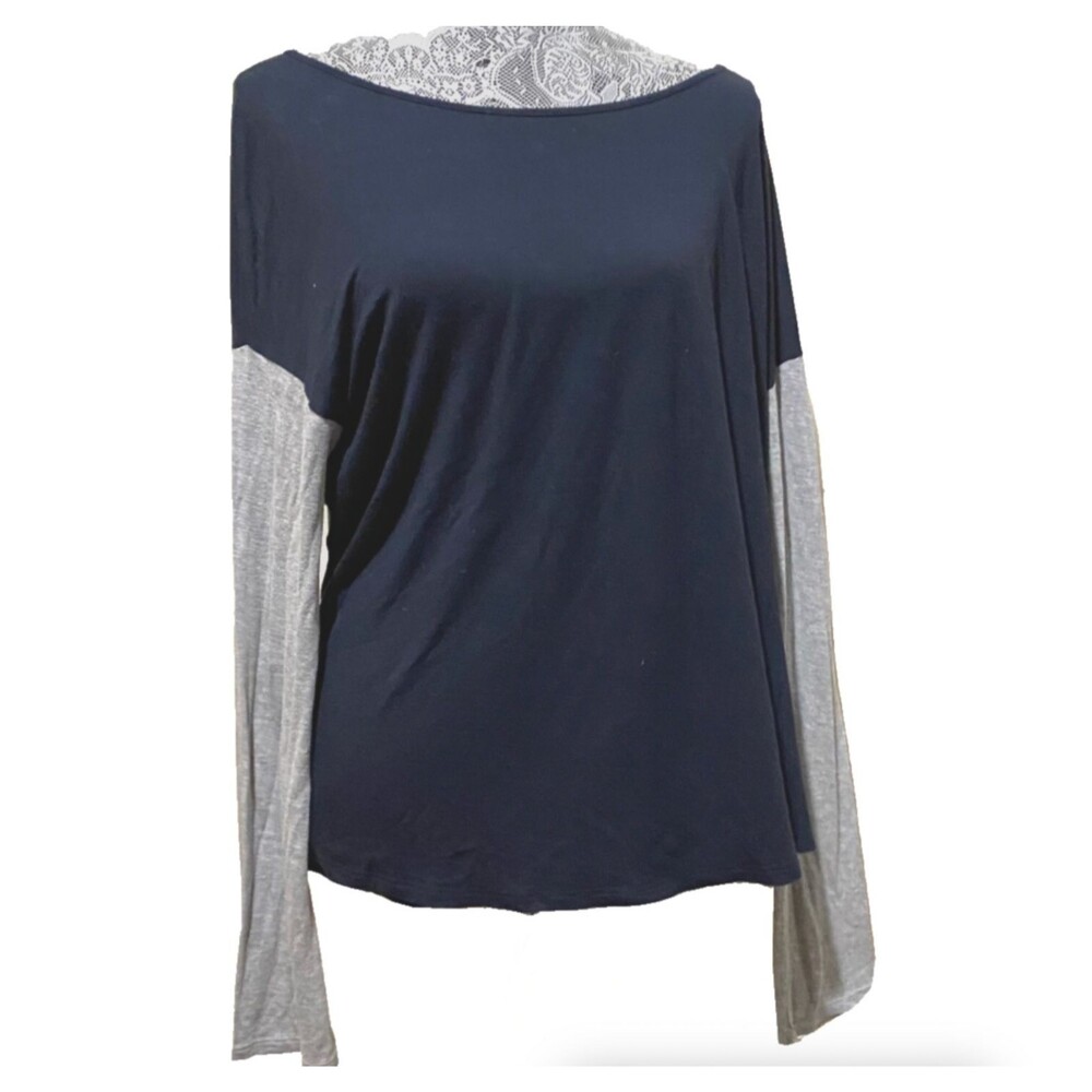 Tahari Womens Navy Blue Shirt Gray Long Sleeves Stretch Knit Blouse Top M
